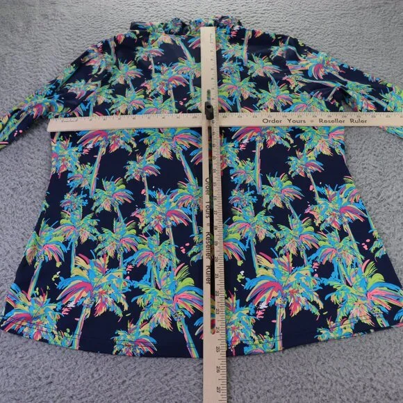 Anthony’s Resort Wear Top Womens M Blue Multicolor Palm Tree Ruffle V Neck - Picture 7 of 9